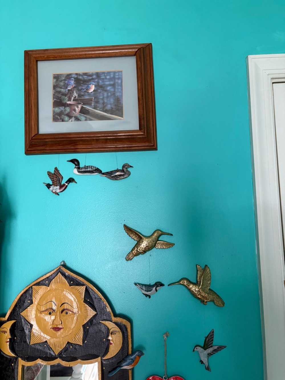 Bundle of 6 Vintage Hand Painted Wooden Bird Hanging Wall Decor Ornaments